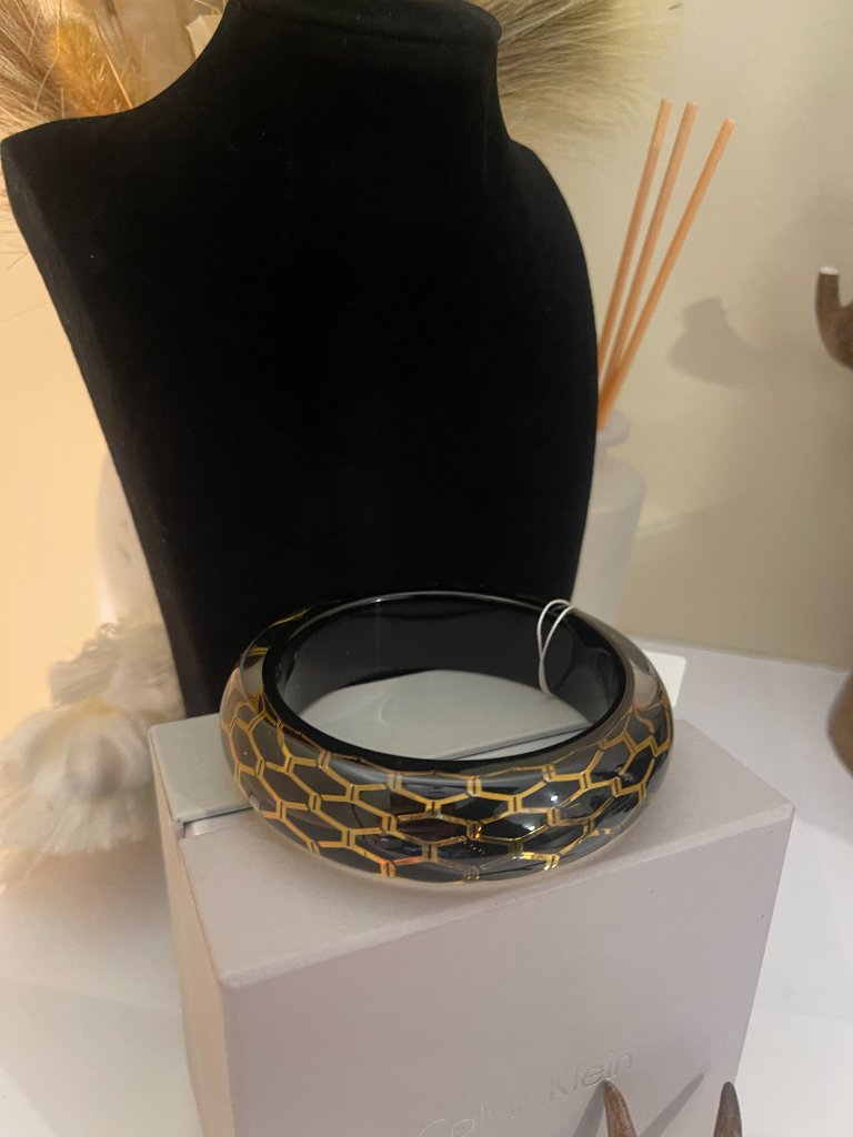 Vintage Calvin Klein Black Gold Geometric Resin Bangle Bracelet Nwt Boxed